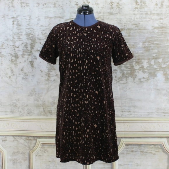 Vintage 1990s Shift Dress M Leopard Print Velour Velvet Jumper Brown Grunge VTG - Picture 3 of 9